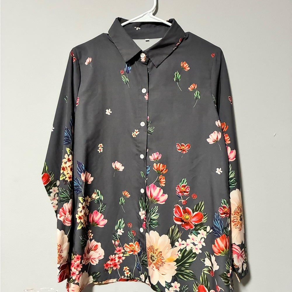 Black Floral Button-Up Blouse